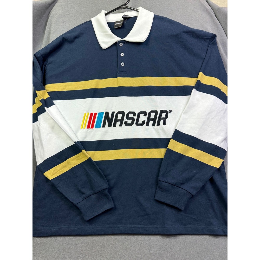NASCAR Long Sleeve Rugby Shirt Navy Blue White Yellow‎ Striped Embroidered Men L